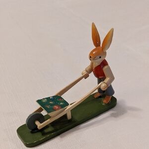 Vintage Erzegibirge Wood Easter Bunny Pushing Wheel Barrow Missing Eggs